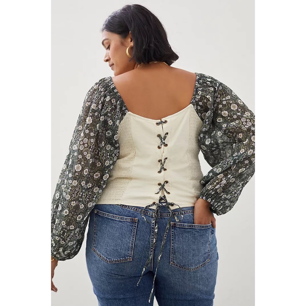 NWT ANTHROPOLOGIE SMOCKED BALLOON-SLEEVE TOP IN MOSS - Picture 7 of 9